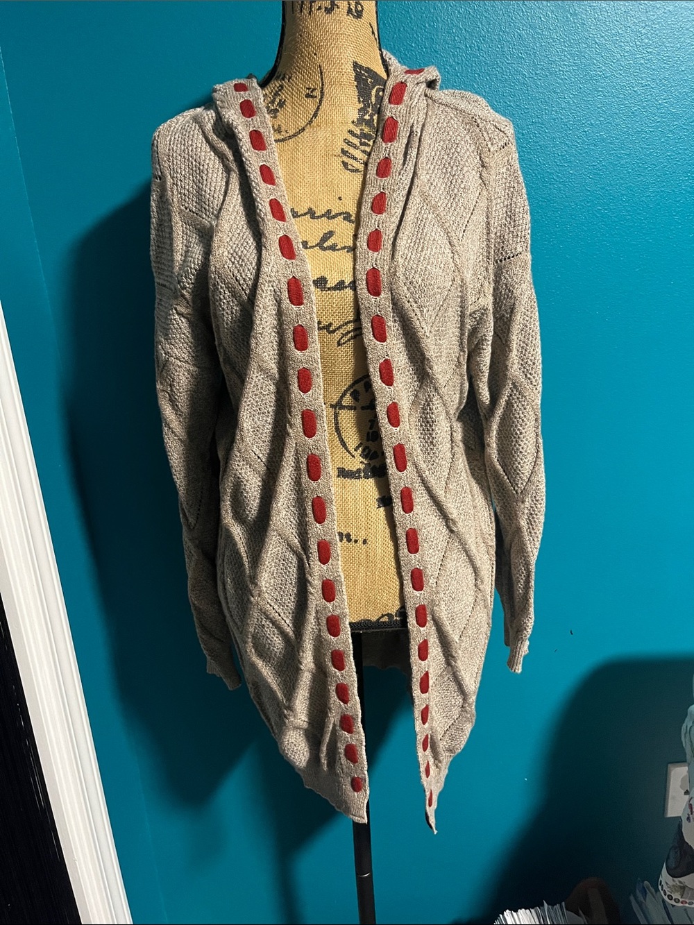 Women's Hooded Cable Knit Cardigan Sweater - Cream with Red Trim